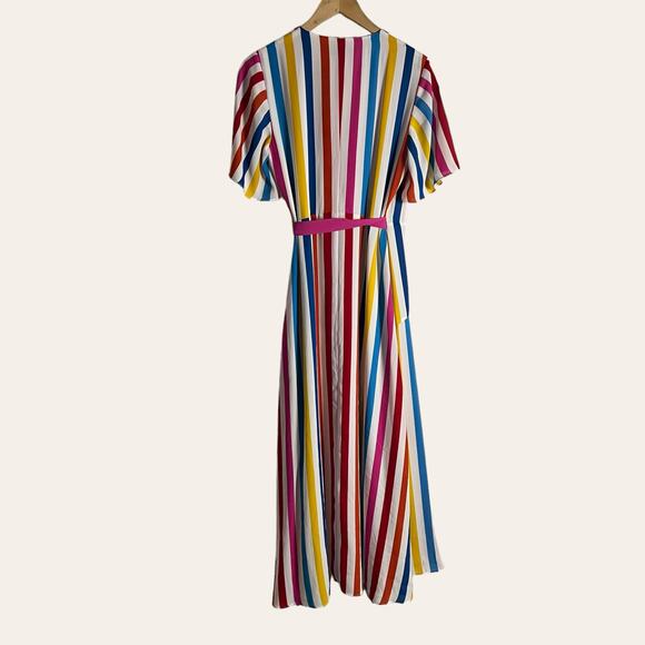 Color Me Courtney Taira Multicolor Striped Short Sleeve Wrap Midi Dress Size S - Picture 15 of 15